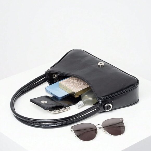 Versatile Black Rhinestone Buckle Shoulder Handbag - Essential Accessory - Picture 2 of 5